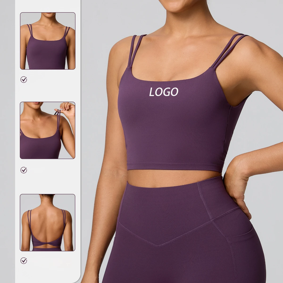 Women's Double Straps Square Neck Cropped Sports Top Yoga Bra Workout Backless Sports Bra with Removable Pads