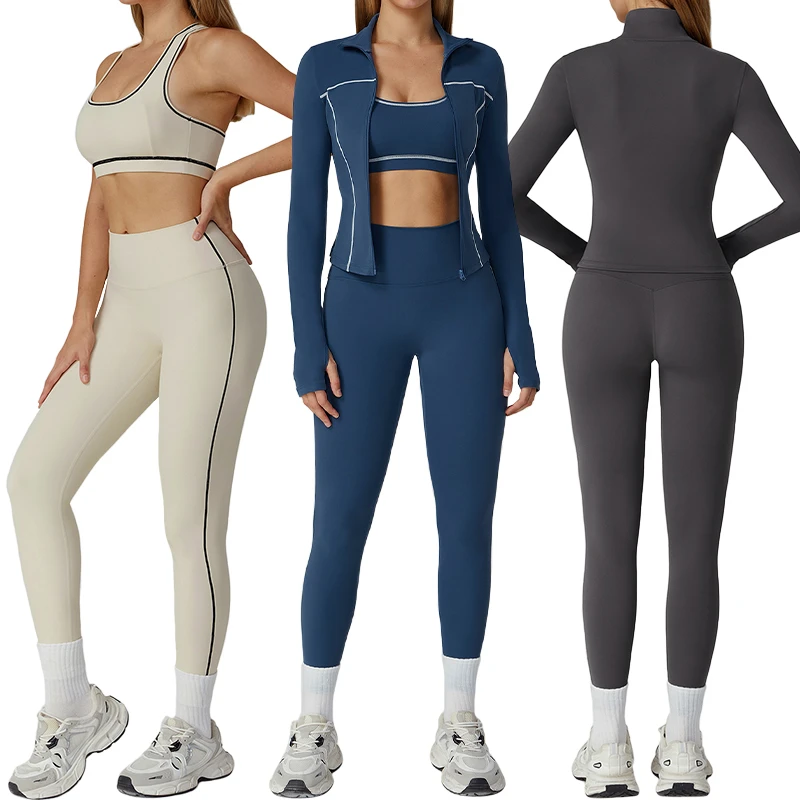 TZ2036 Women Two/three Piece High Elastic Fabric Contrast Color Side Pocket Design Gym Yoga Leggings/Bra/Jackets Set for Women