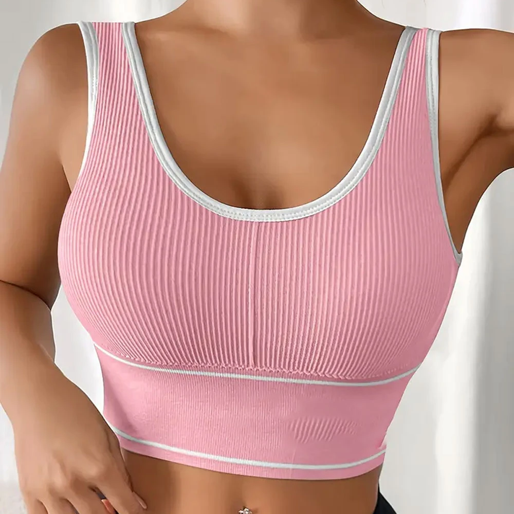 Women's Pink Ribbed Sports Bra Scoop Neck Spaghetti Strap Breathable Medium Support Yoga Fitness Seamless Solid Style