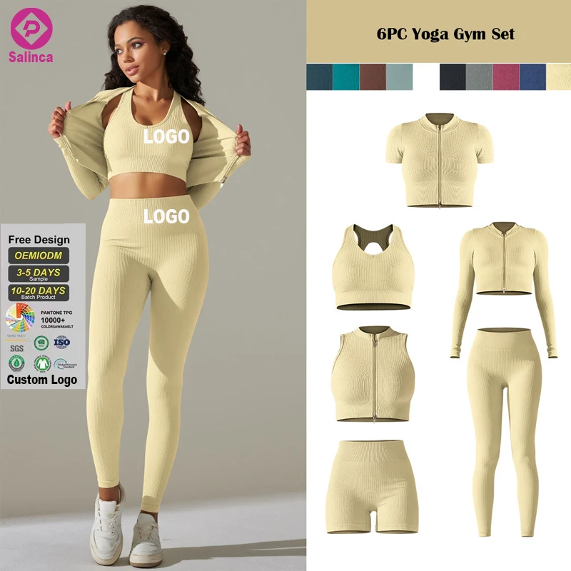 Custom Logo 6PC Gym Fitness Sets Yoga Wear Suit Solid Color Scrunch Butt Workout Knitted Seamless Ribbed Yoga Set for Women