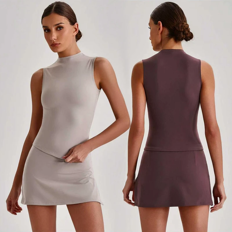 Women's High Neck Sleeveless Tank Top 230GSM Nylon Spandex Slim Fit Basic Yoga Sports Vest Casual Fitted T-Shirt