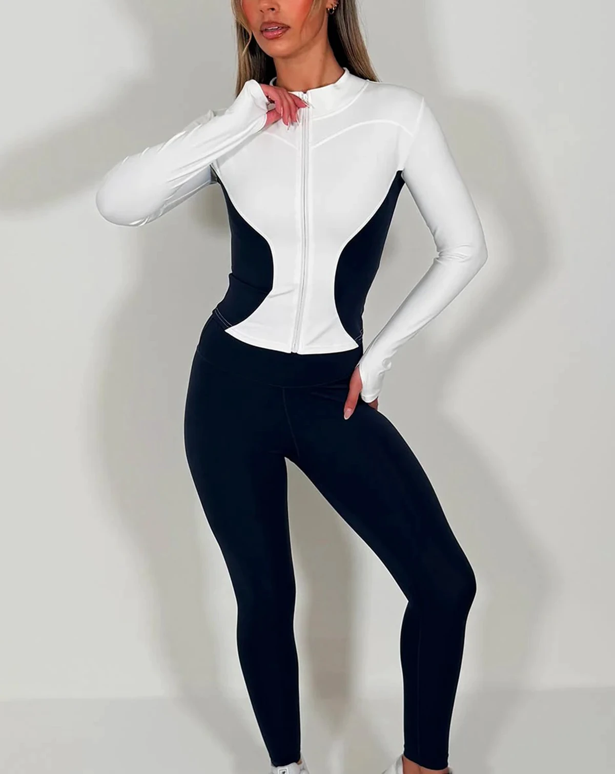 Women's Full Length Contrast Color 2 Piece Yoga Set Blocking Zipper Front High Waist Leggings Spandex Polyester Sweat Wicking