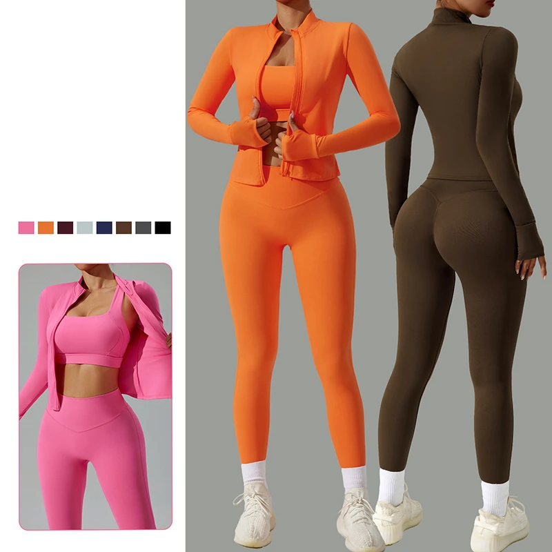 High Quality Women's Solid High Waist Yoga Sports Set Sports Bra Stand-Up Collar Jacket Butt-Lifting Pants 3 Piece Set