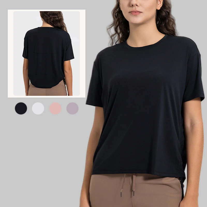 Women's Breathable Drawstring Running Shirt Loose Sports T Shirts Short Sleeve Top Yoga Shirt for Women