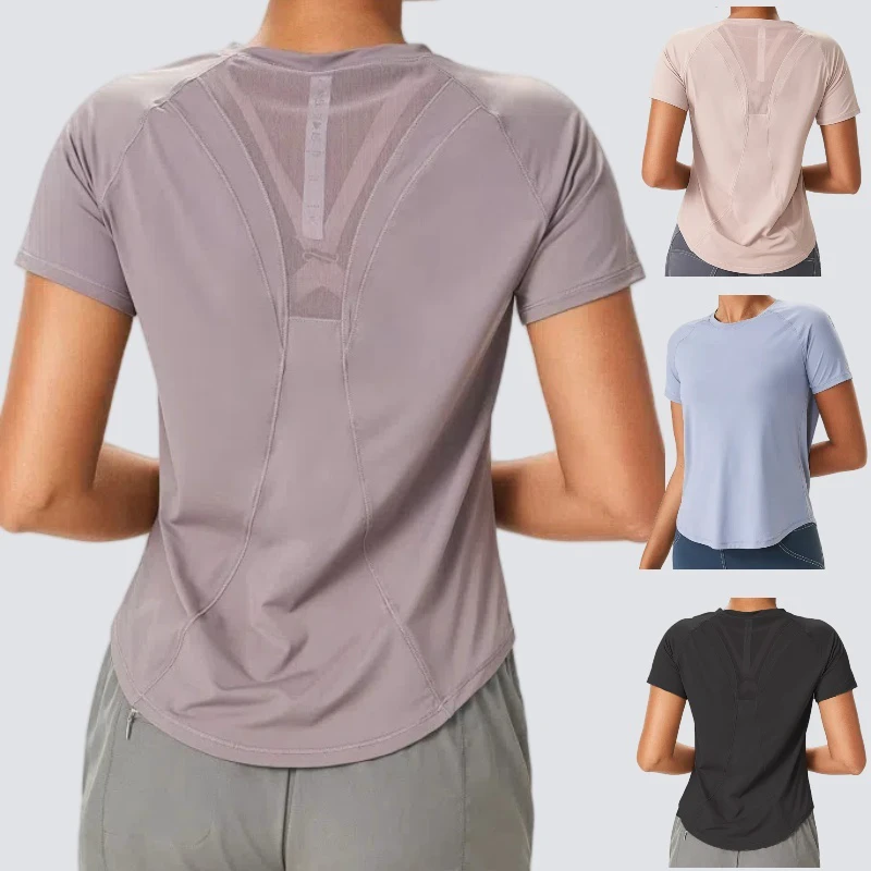 Women Round Neck Nude Feeling Yoga Shirts Casual Breathable Quick Dry Ladies T-shirts Loose High Stretch Fit Running Sportswear