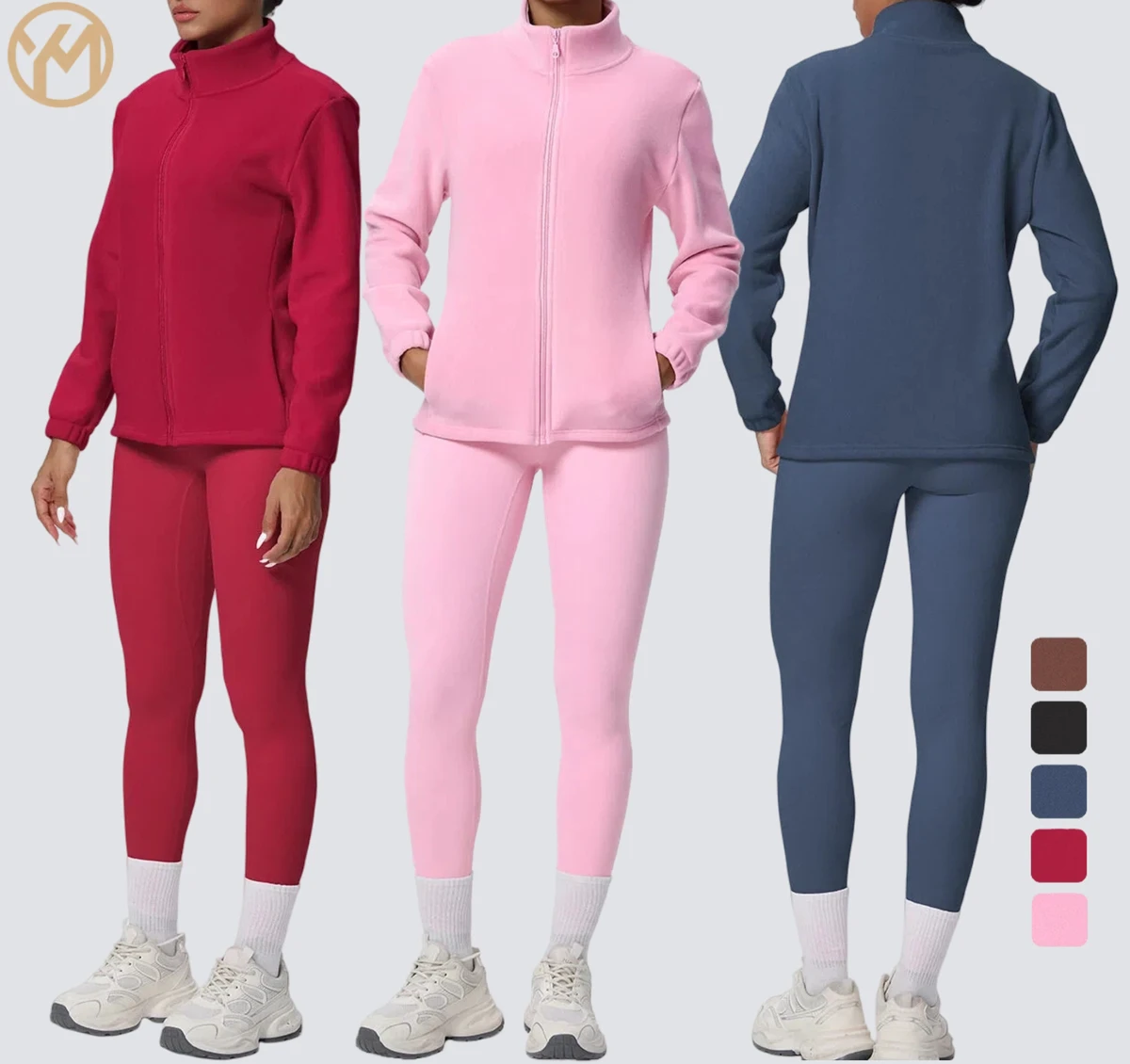 Yimo Women Fashion Full Zip Pocket Warm Yoga Jacket Set Lady Naked Feel Fitness Suit Female Scrunch Butt Solid Color Gym Set
