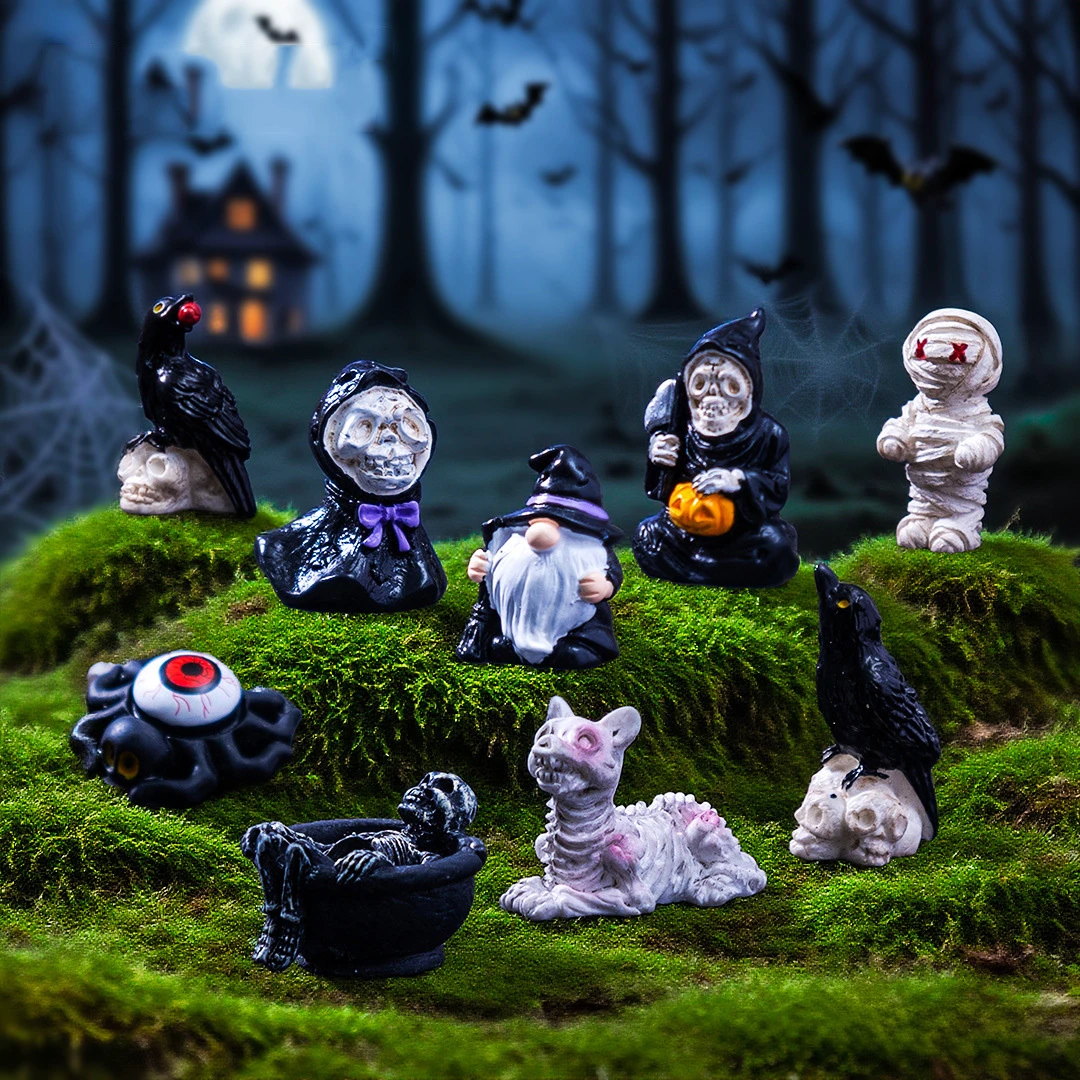 Halloween Mini Resin Craft Skull Heads Crow Mummy Home Decor Miniatures Dollhouse Figurines Ornaments for Fairy Garden Decor