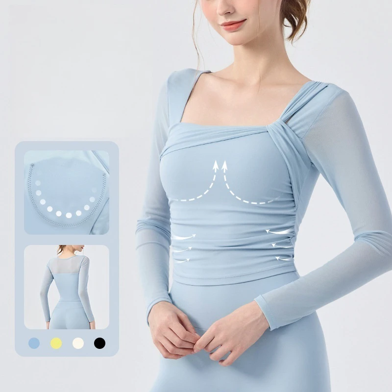 Factory Custom Women's Long Sleeve Yoga Top Built In Fixed Bra Breathable Running Gym Top