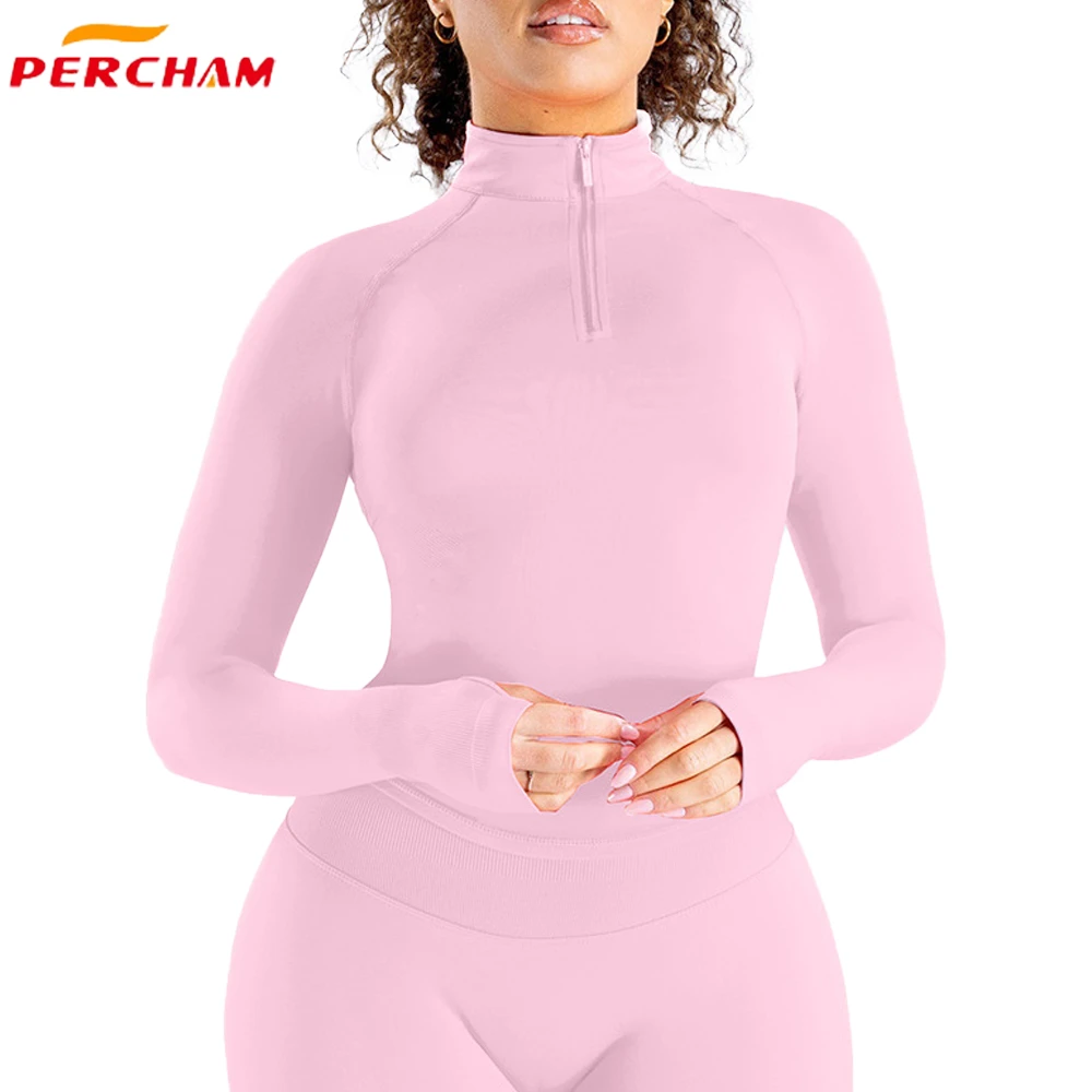 Women's Plus Size High Neck Half Zip Yoga Top with Thumb Hole Long Sleeves for Fitness Workouts Running and Gym Training