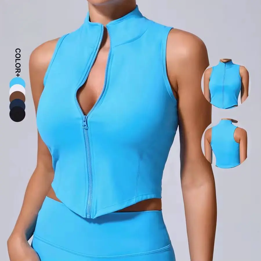 Sport Sleeveless Stand Collar Jacket Women Zipper Outerwear Yoga Top Autumn Winter Running Training Quick Dry Spandex/Nylon