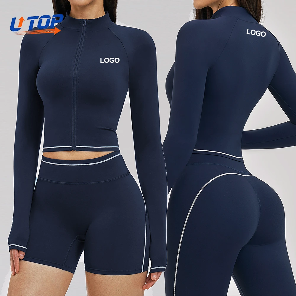 Custom Logo Brushed Fitness Running Gym Wear Zipper Long Sleeve Top Women's 4-Way Stretch Slim Fit Activewear Zipper Yoga Jacket