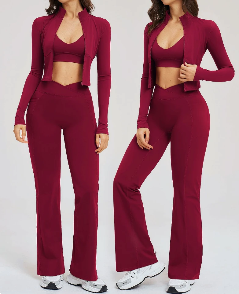 Wholesale Solid Color Women 6 Piece Gym Yoga Wear Set Sexy Bra Long Sleeve Zipper Jacket Breathable Spandex/Nylon Workout Front