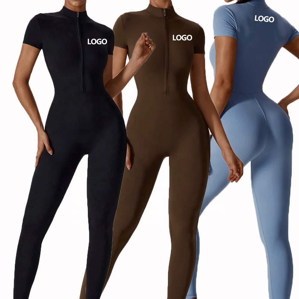 Joyyoung Zipper Nude Short Sleeve Yoga One Piece Set Sports Roper High Strength Fitness Sports Bodysuit for Women