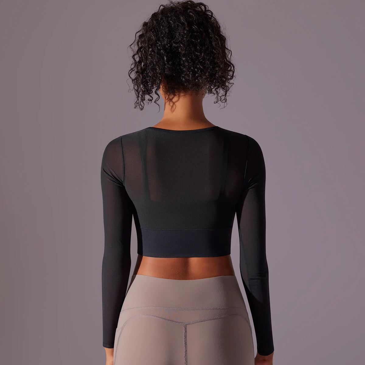 Sheer Mesh Panel Yoga Top Sexy Fitted Long Sleeve Shirt Stretchy Workout Wear Women Breathable Backless