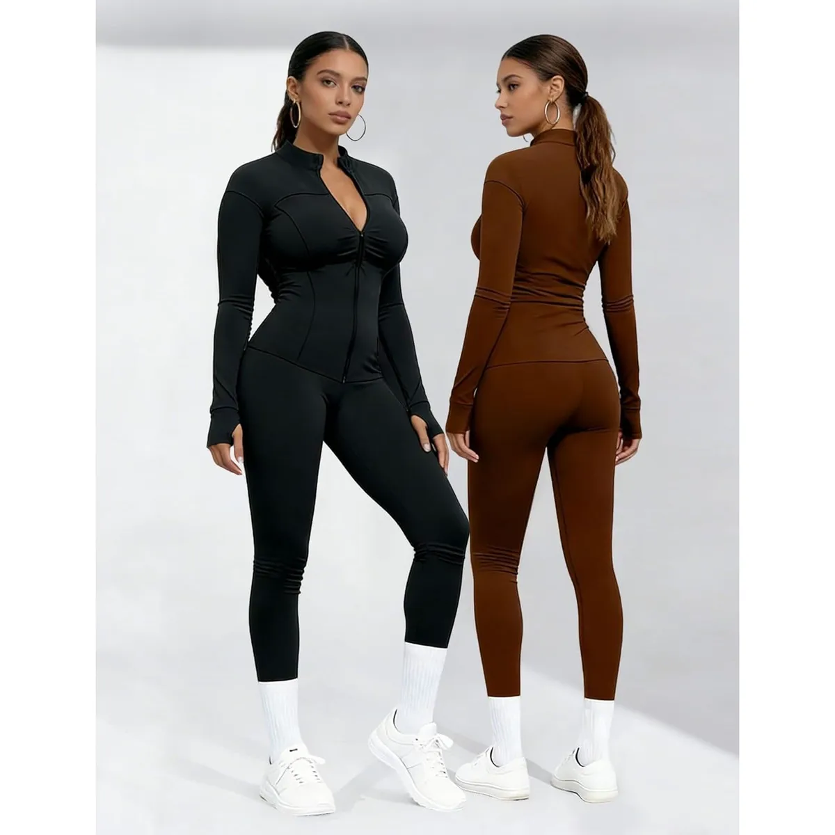 Custom Womens Yoga Set 2 Piece Long Sleeve Zipper Jacket And Leggings Bodycon Active Stretch Spandex Polyester Gym Outfit