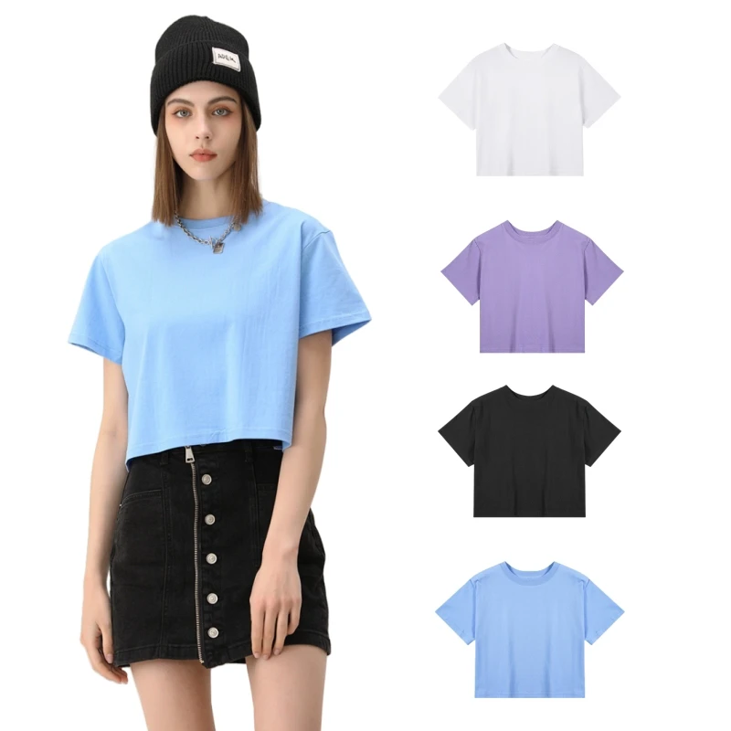 Women's 100% Cotton Knitted Cropped T-Shirts Custom Logo Summer Workout Yoga Crop Top Short Sleeve Solid Color Casual Athletic