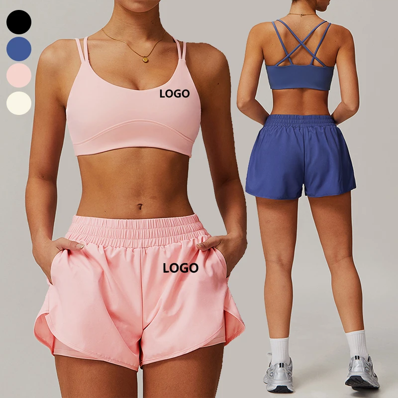 XW-TZ4001 Leisure Side Pocket Fitness Running Lining Shorts Sports Gym Backless Cross Bra Activewear Two Piece Outfit Yoga Set