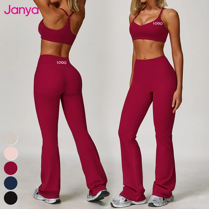 Janya Custom Logo High Waist Activewear Flare Sports Pants No Front Seam 2 Piece Gym Fitness Yoga Set for Women Solid Pattern