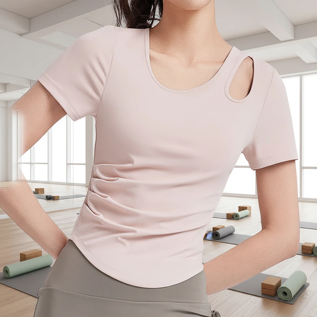 Slim Wrinkled Women's Custom Spandex Short-Sleeve Moisture Wicking Skinny Fit All-In-One Cup Sports Yoga Top Summer