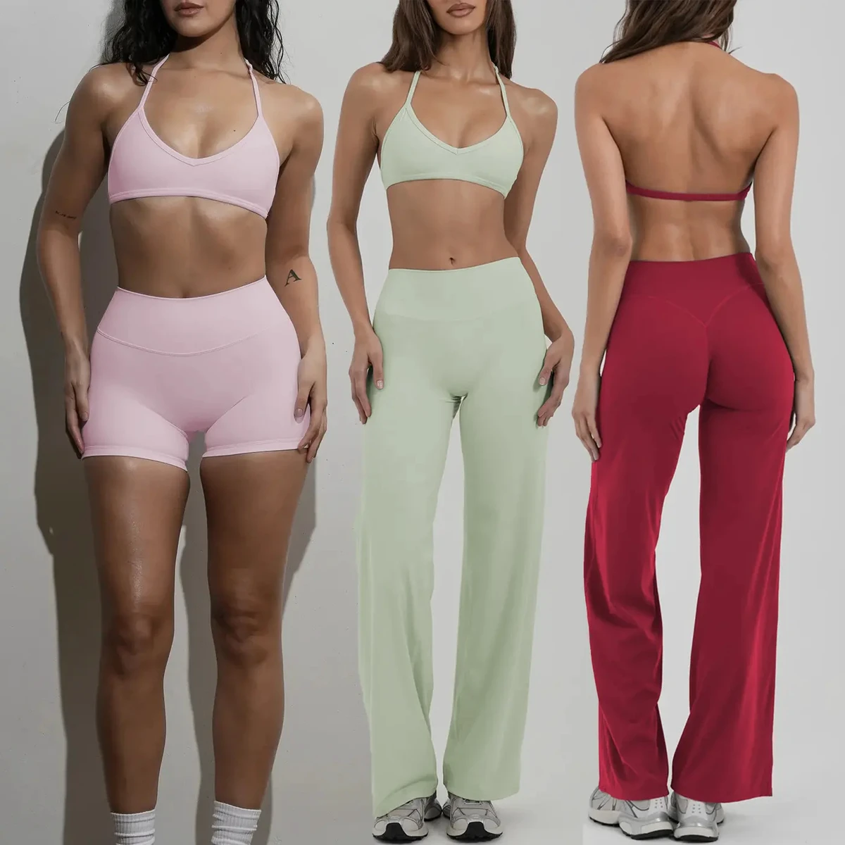 3 Pcs Yoga Sets High Quality Scrunch Shorts Backless Bra Flare Leggings Slim Fit Sport Yoga Set