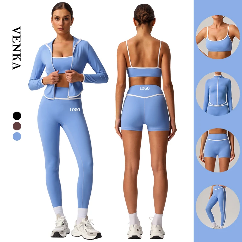 Contrast Color Design Beautiful Back Sport Bra Slim Jacket High Waist Shorts&Leggings Gym Fitness Yoga Set for Women