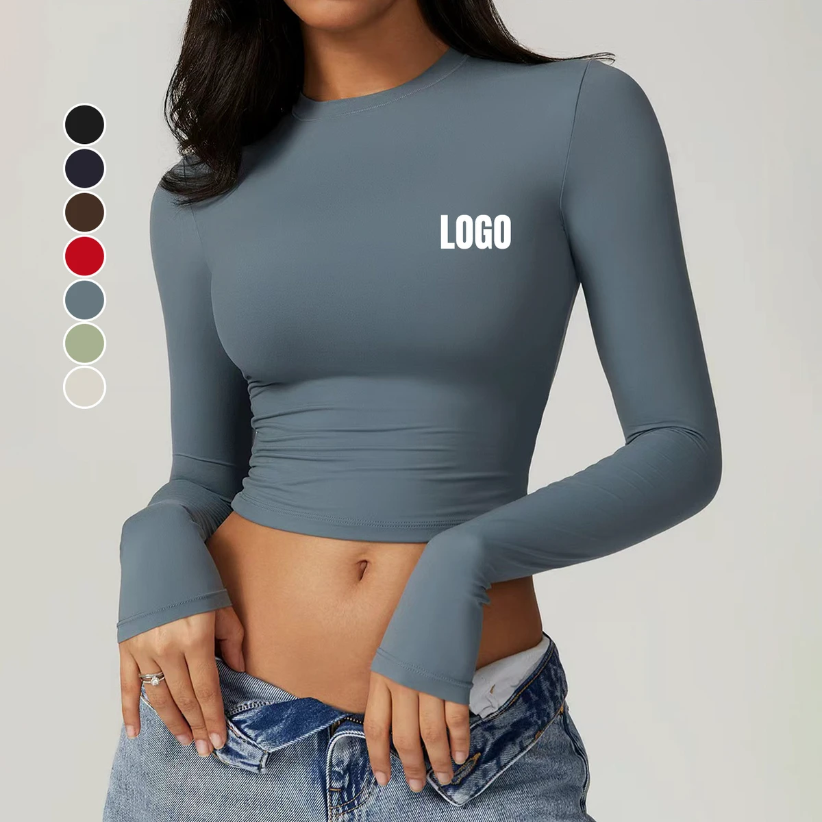 Custom High Quality Women's Quickly Dry Breathable Crop Top Crew Neck Long Sleeve Tight-Fit Running Pilates Yoga T-Shirts