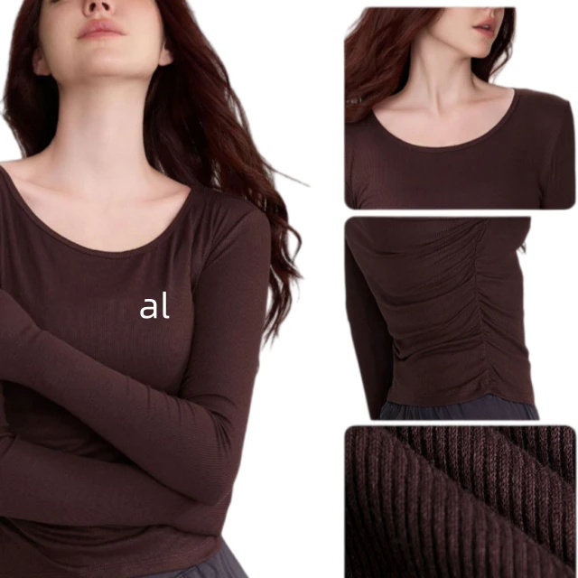 Newly Designed AIL Spring and Autumn Women's Round Neck Yoga Top with Pleated Slim Fit, Long Sleeved Pilates Running Yoga Suit