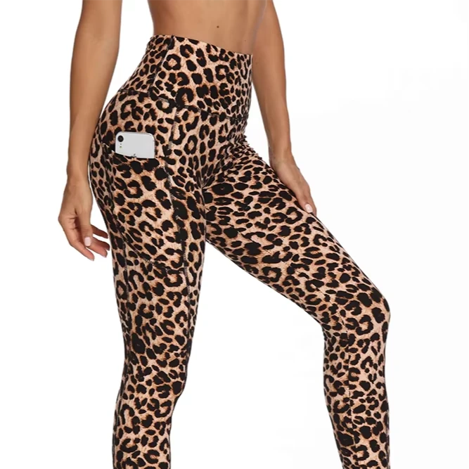 Wholesale Custom Logo Women's Yoga Leggings Breathable High Waist Elastic Pants with Leopard Cheetah Print Pockets Leggings Gym
