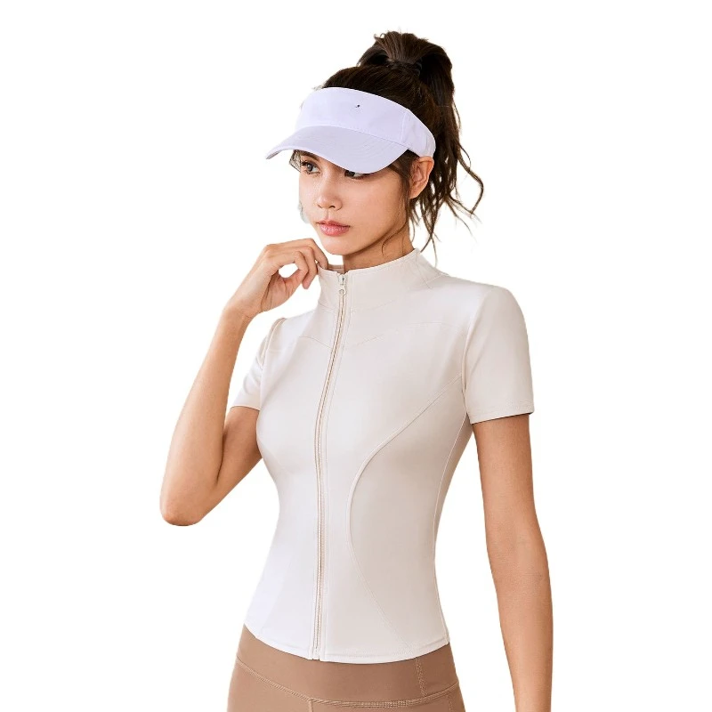 Women's Short Sleeve Yoga Running Jacket Stand Collar Full Zip Fishbone Design Quick Dry Anti-Roll Slim Fit Gym Crop Top