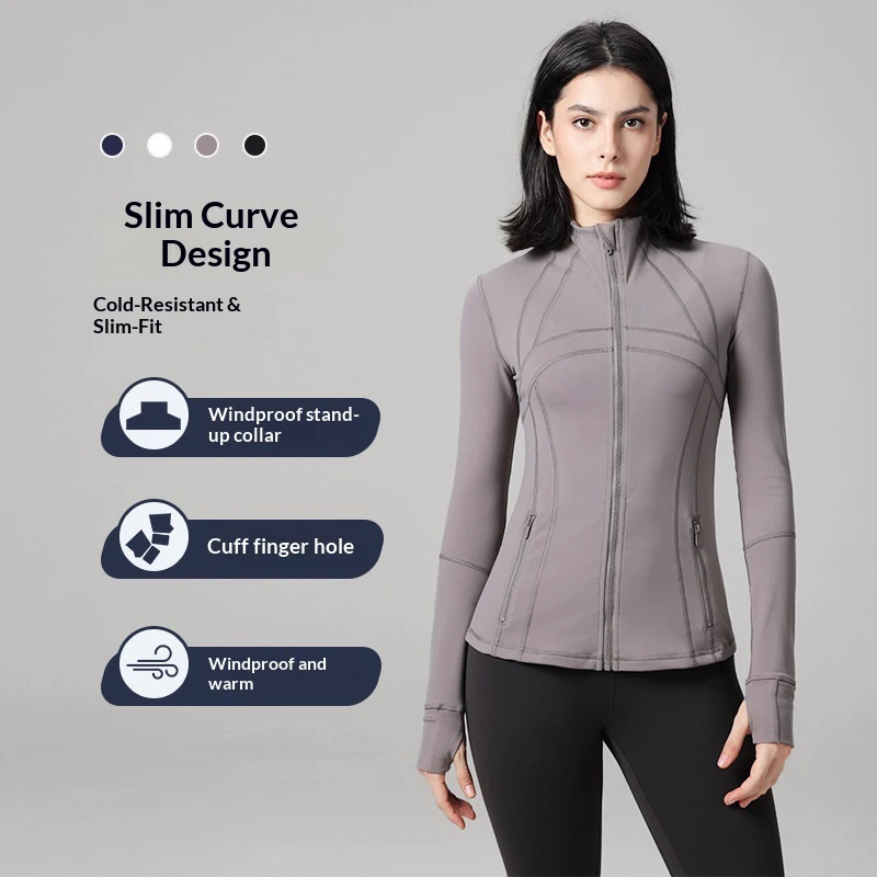 Women's Long-Sleeved Yoga Top Spandex/Nylon Breathable Spring Autumn Thickened Running Fitness Wear Stand-Up Collar Slim-Fit