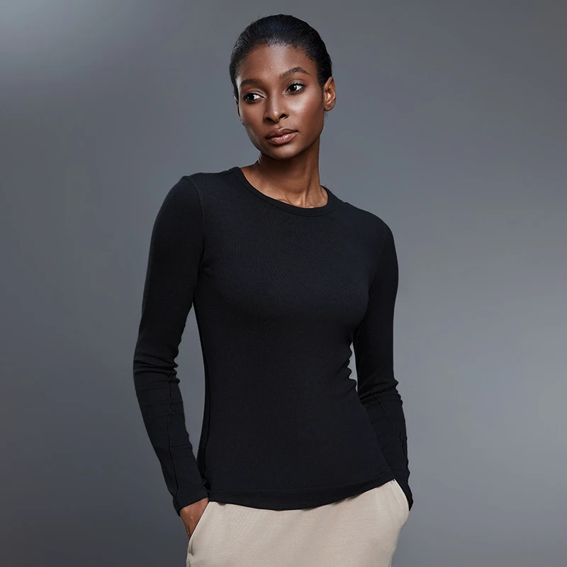 Womens Long Sleeve Fitted Modal Spandex Yoga Top Seamless Four Way Stretch Sweat Wicking Breathable Quick Dry Indoor Outdoor Tee