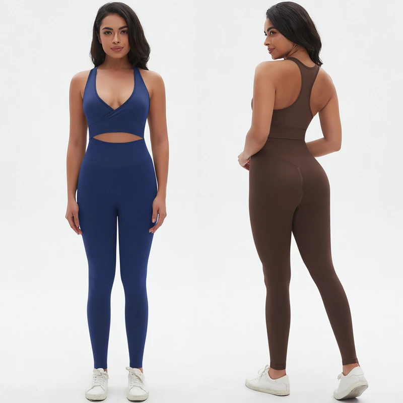 Breathable Seamless Solid Elastic Waist Sexy V-neck Cross Sports Yoga Bra and Leggings Set Woman Pilates Running Fitness Outfit