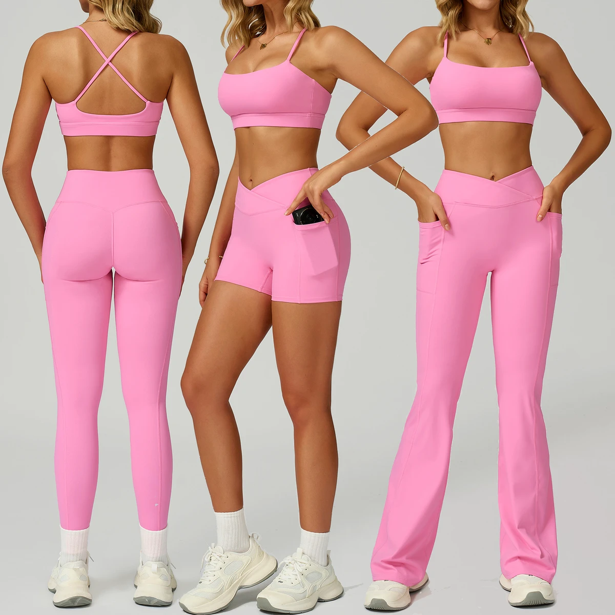 YIYI High Waist Pants Sets Cross Back High Support Bra 4pcs Athletic Sets Pants Leggings Gym Workout Girl Running Bra Top