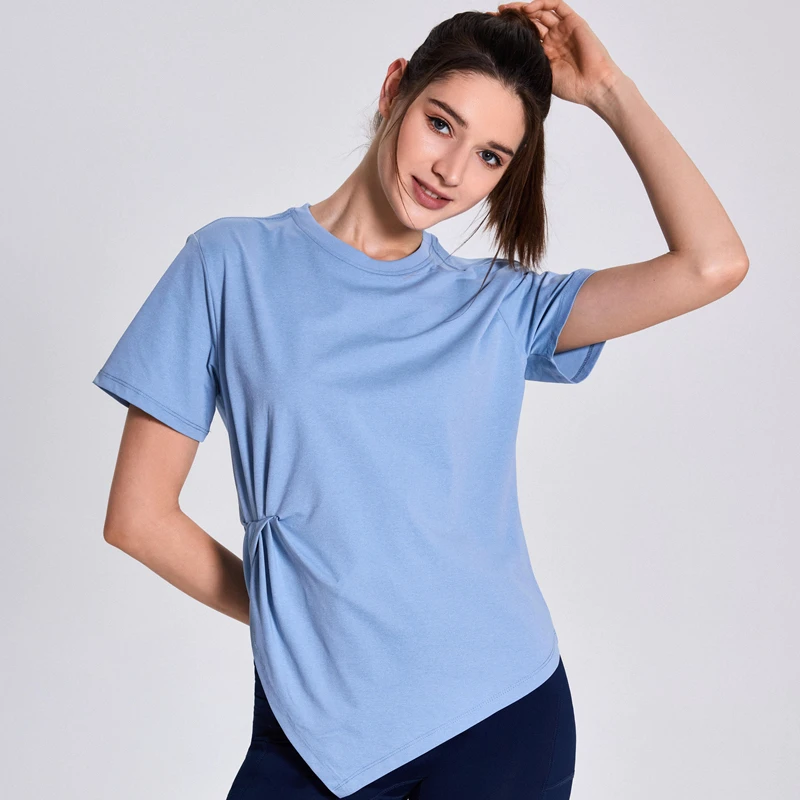 TRMA 95% Polyester 5% Spandex Side Knot Women Sports T-shirt Quick Dry Slim Fit Athletic Fitness Top for Yoga Gym Running