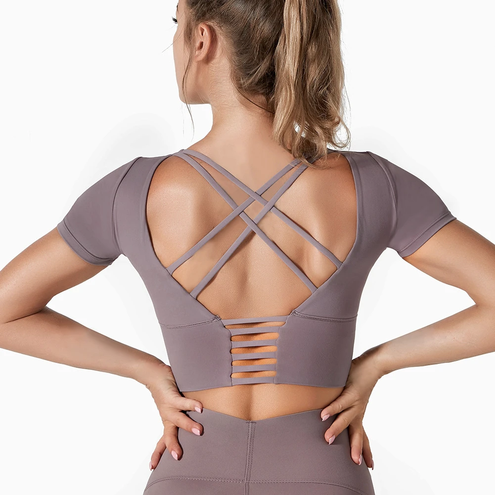 Nylon Lulu Back Sports Bra for Yoga Running High-Strength Shockproof Fitness Short Sleeve Gathered Side Breathable Recyclable
