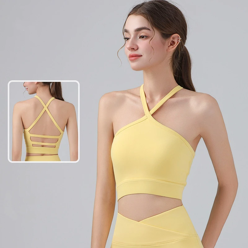 Ladies Sleeveless Cross Backless Halter Crop Top Fitness Yoga Top Solid Color Workout Gym Top Sports Vest