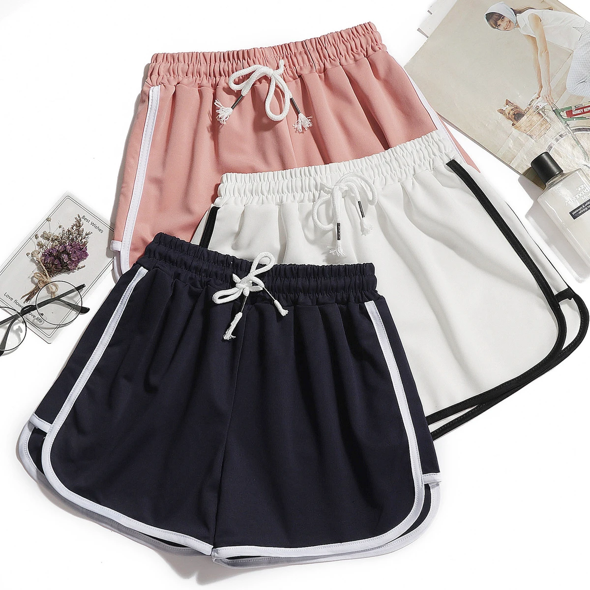 New Summer High Waist Women's Biker Shorts Breathable Elastic Drawstring Logo Soft Booty Fleece Plus Size Snack Grey Sports