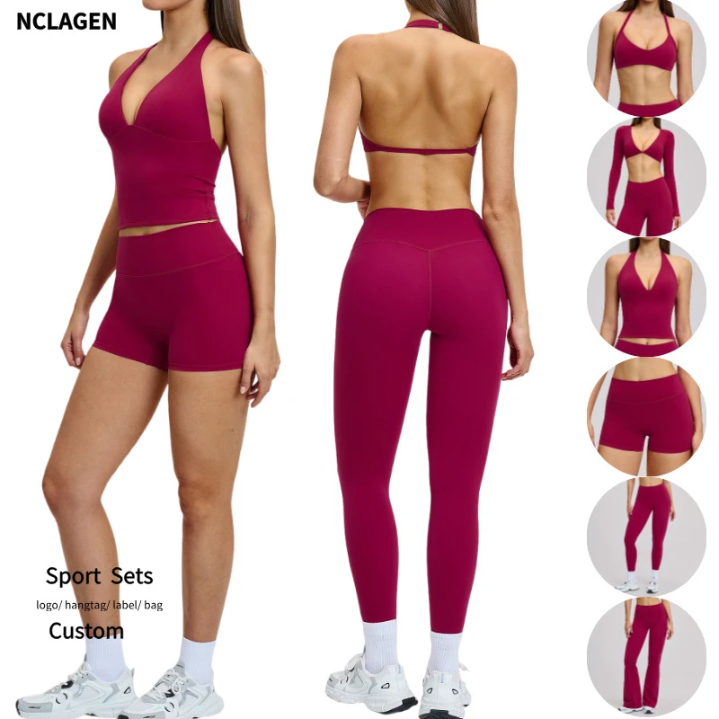 New 6Pcs Workout Set for Women Naked Feel Soft Breathable Gym Suits Hip Lifting Leggings Skinny Padd Vest Activewear Set