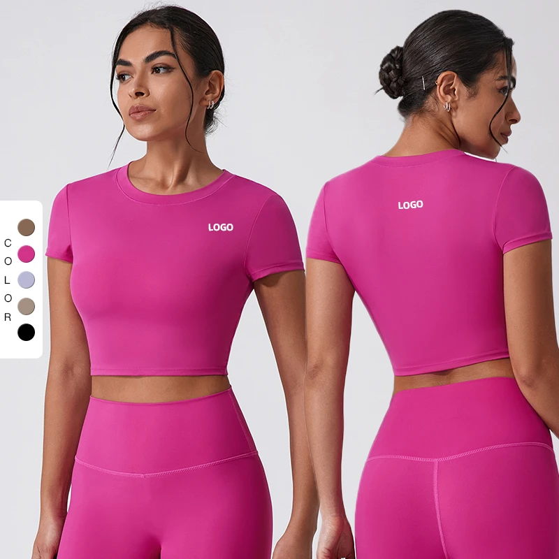 Customizable Logo Wholesale Women's Nude Feeling Breathable T-shirt Round Neck Crop Tops Workout Running Yoga Short Sleeves
