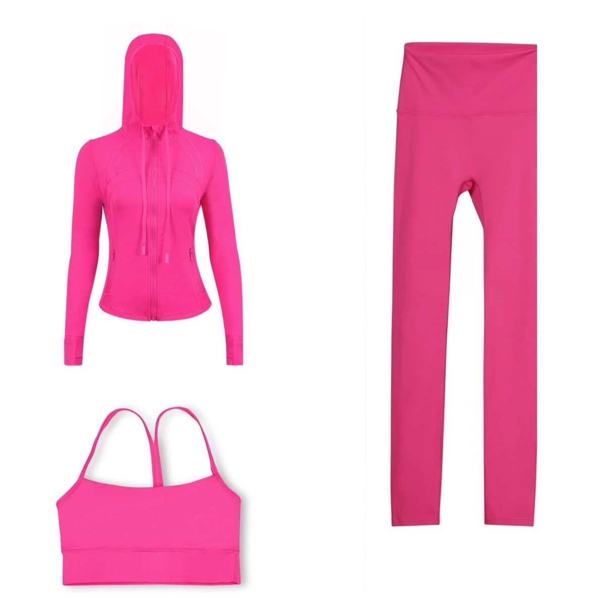(In Stock) Breathable Solid Cropped Pants Hooded Jacket Y Back Bra Three-Piece Set Fitness Yoga Sports Suit Naked Feeling
