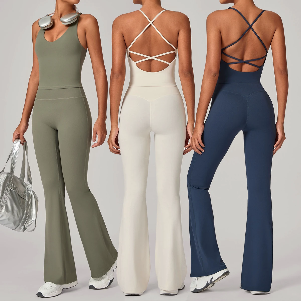 Cross Back Vest High Waist Flare Leggings Two Piece Yoga Outfits Women Breathable Sports Suits