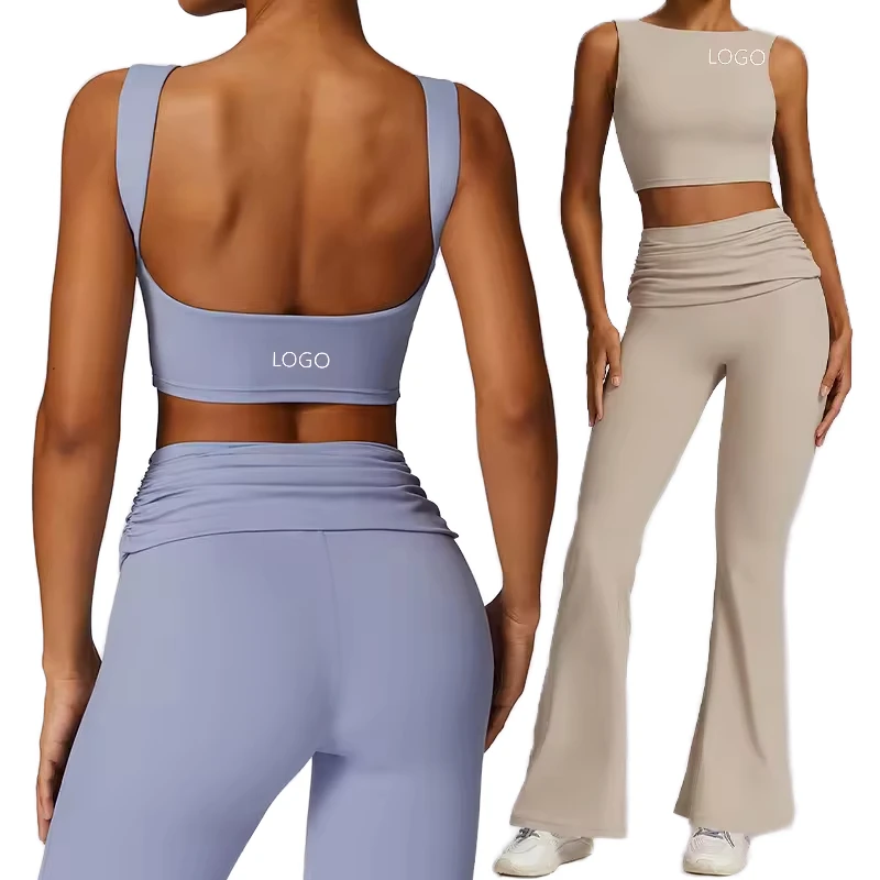 Yoke High Quality Womens Yoga Wear Quick Drying Solid Breathable High Waist Wide Legs Flared Pants Custom Workout Sets