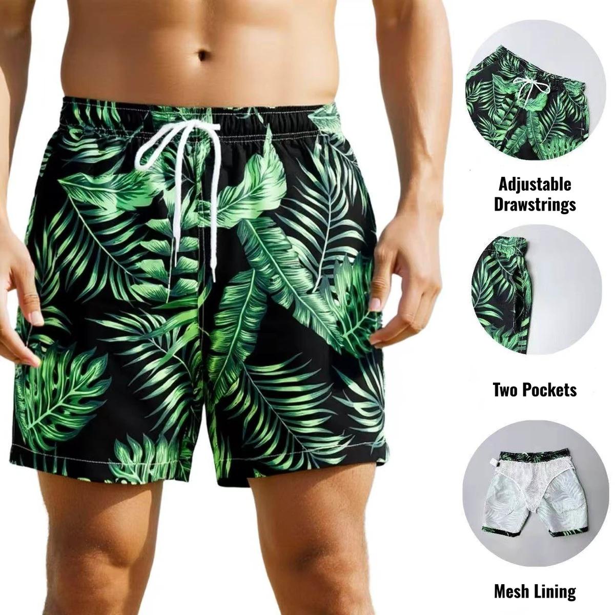 New Design Mens Plus Size Summer Casual Beach Shorts with Side Pockets Custom Printed Mid Stretch Quick Dry Swimming Trunk
