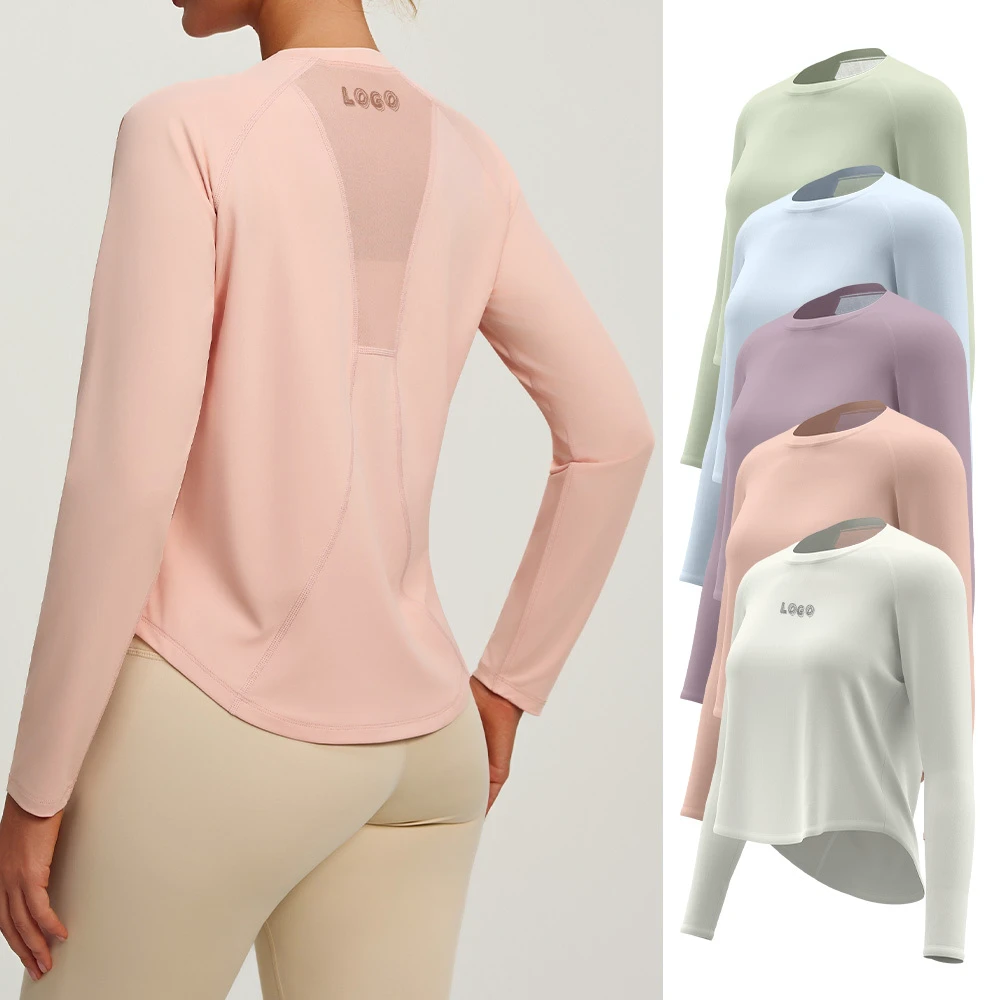 OEM Custom Active Gym Tops Curved Hem Back Mesh Design Stretchy Quick Dry Workout Running Long Sleeve Yoga T Shirt for Women