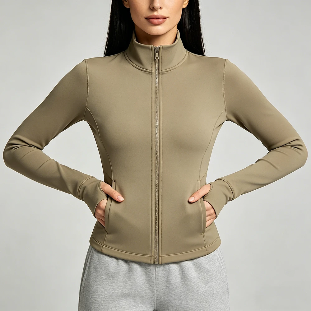 Women Front Zipper Pocket Yoga Jacket Long Sleeve Lightweight Breathable Four-Way Stretch Fitness Top Outdoor Sports Wear Plus