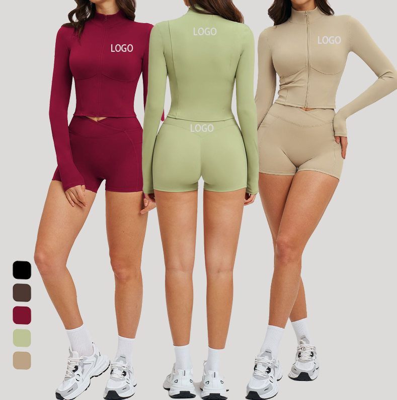 Wholesale Custom 2 Piece Women Gym Yoga Wear Set Long Sleeve Sports Clothes Fitness Training Workout Active Outfits Gingham High