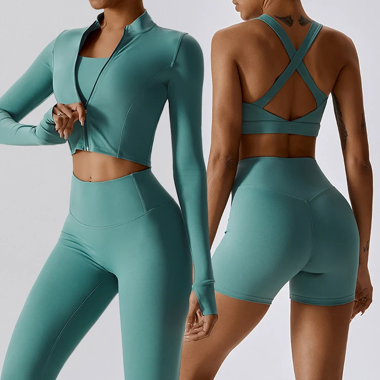 Active Wear High Quality Yoga Outfit Women Running Custom Yoga Set 4 Piece Workout Set Women Gym Fitness Sets High Waist