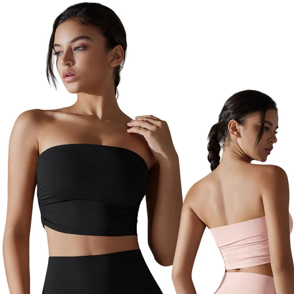 Women's Comfortable Breathable Yoga Running Fitness Sports Bra Medium Support Solid Color Pleated Tube Top with Colorful Straps