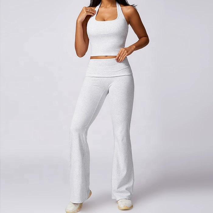 Custom Recycled Breathable Halter Sports Bra Tank Top Fold Waistband Flared Yoga Leggings Elastic Soft Cotton Two Piece Yoga Set