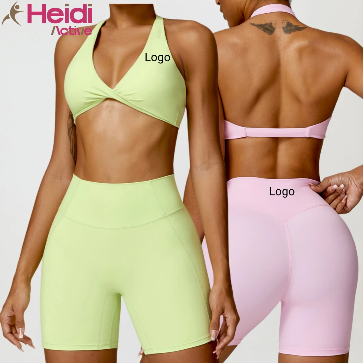 Custom Logo Gym Wear Breathable Quick Dry V-neck Backless Halter Twisted Sports Bra High Waist Hip Lift Yoga Shorts Yoga Set